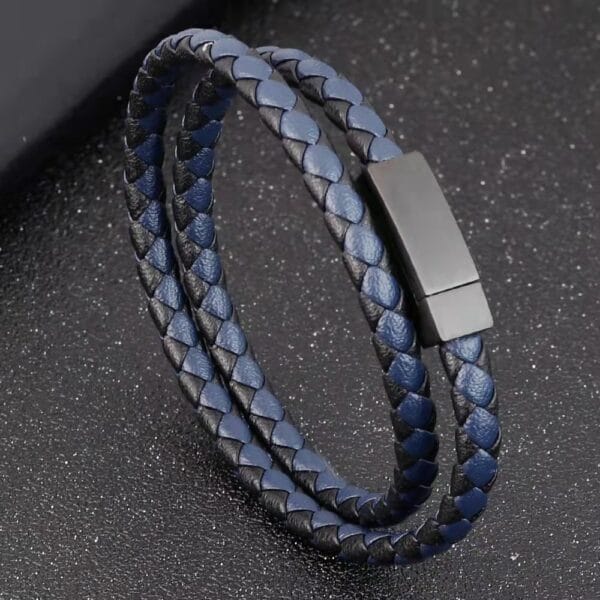 Læder Armbånd Uden Magneter Blå Flet Læder